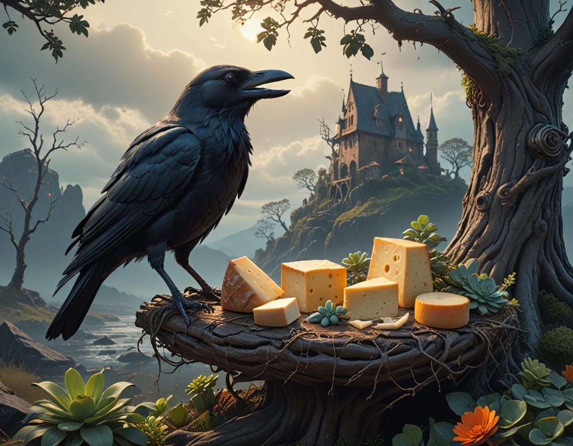 Majestic Crow Showcases Cheese in Enchanted Woodland Scene
