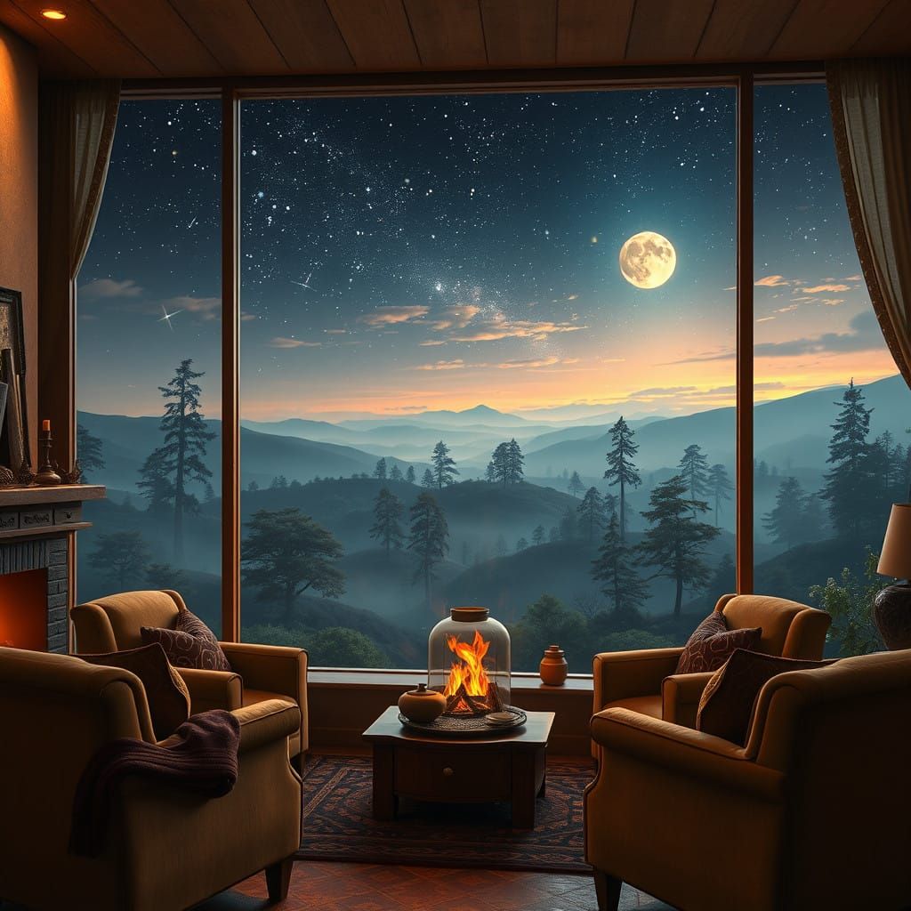 Cozy Fantasy Living Room with Fireplace and Starry Landscape