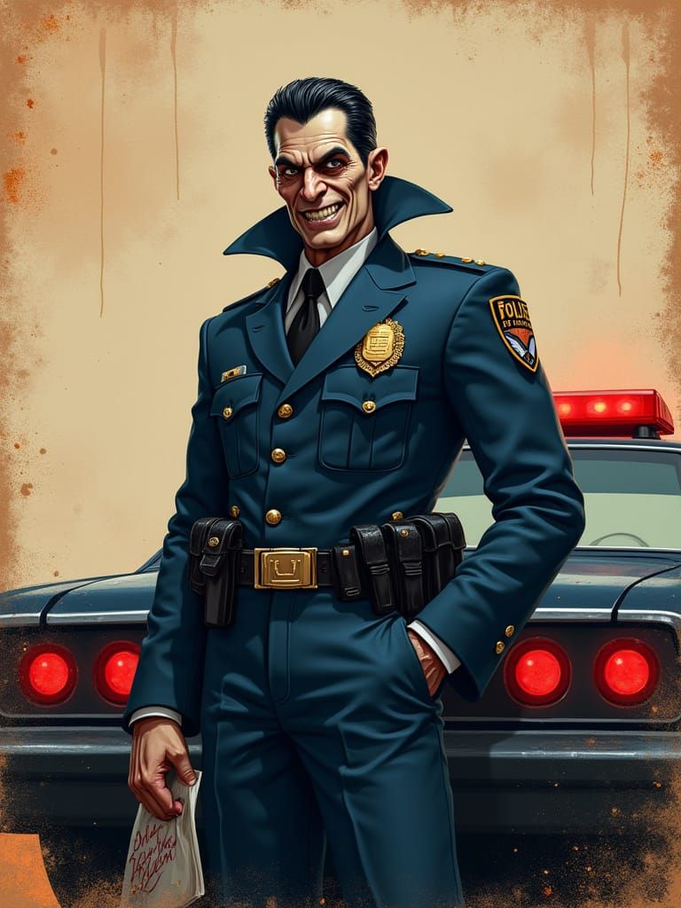 Sinister Dracula-Inspired Police Officer in Textured Paintin...