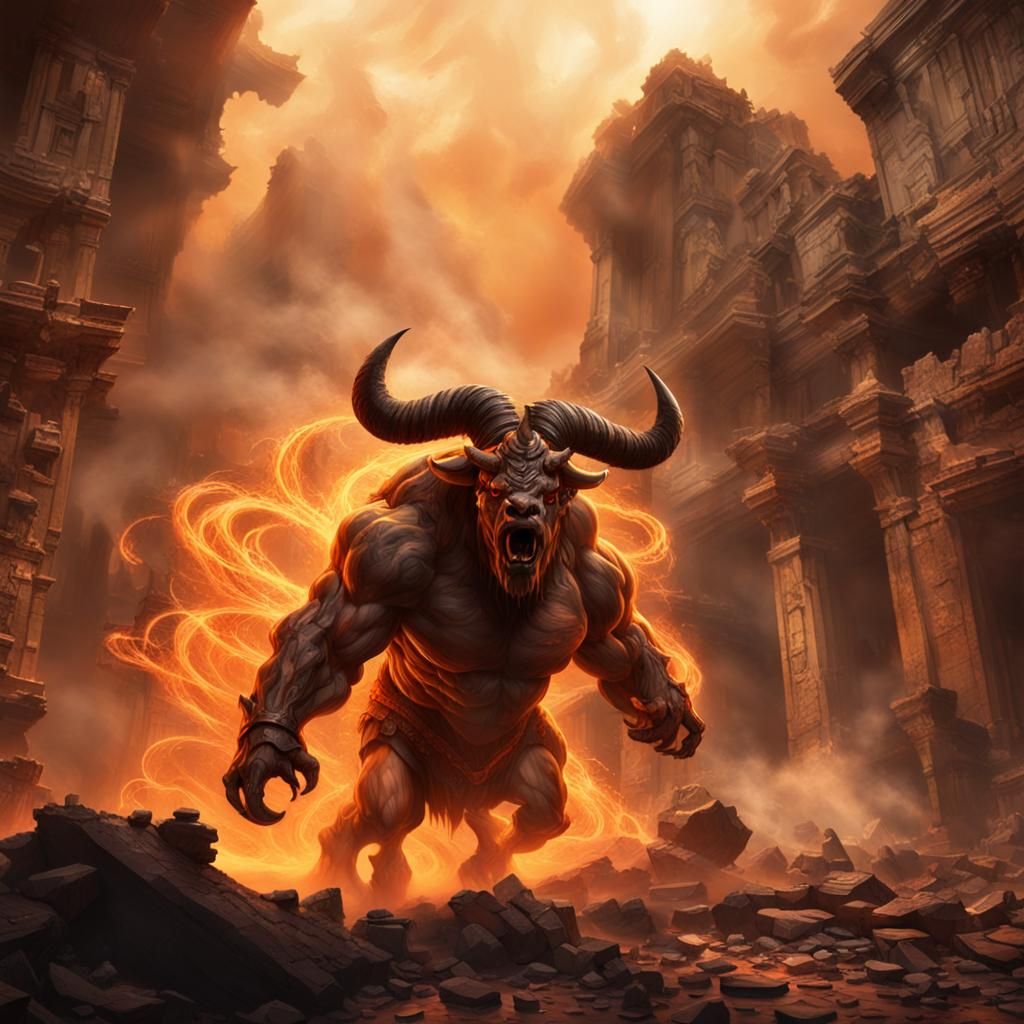 Minotaur Battles Smoke Vortex in Austin Ruins