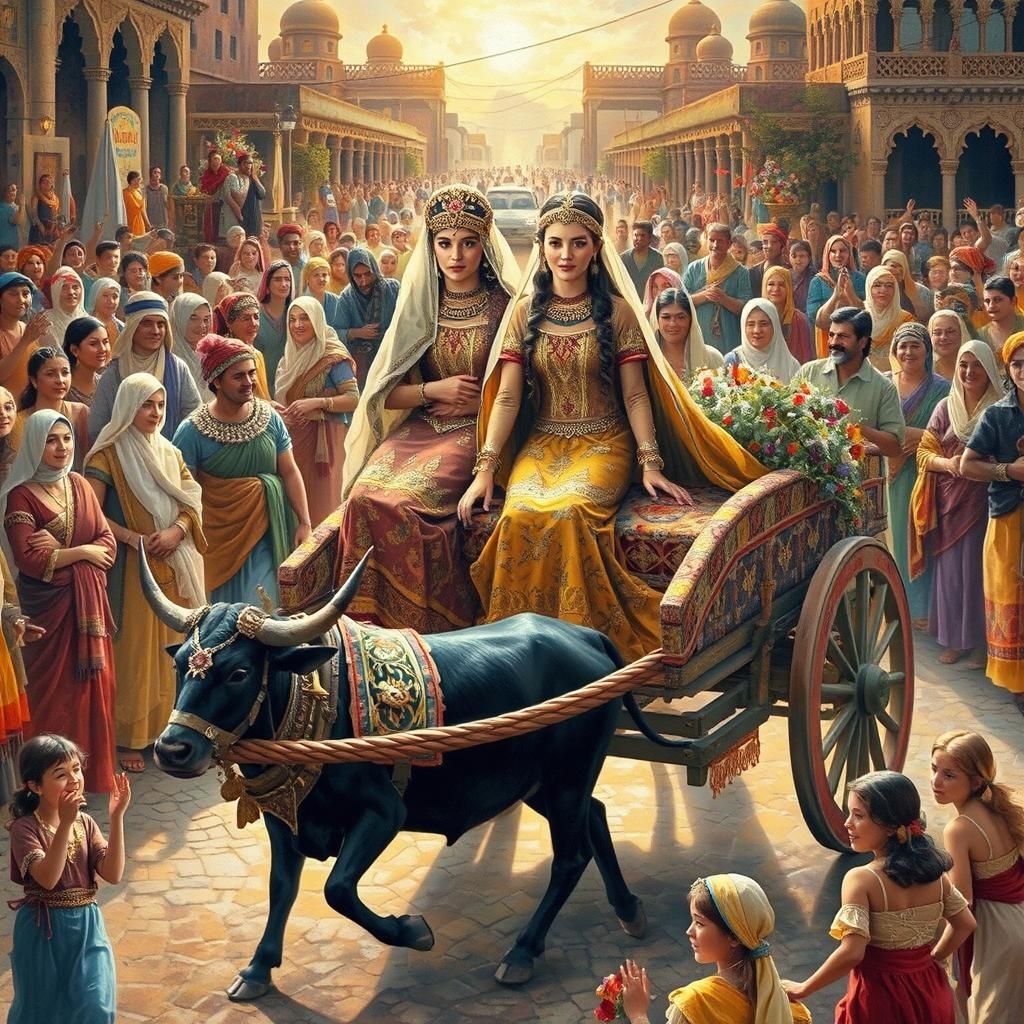 Mesopotamian wedding: Brides going away on bullock cart after the wedding