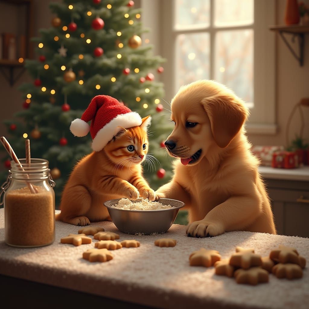 Cat Teaches Dog to Bake Christmas Cookies in Cozy Kitchen