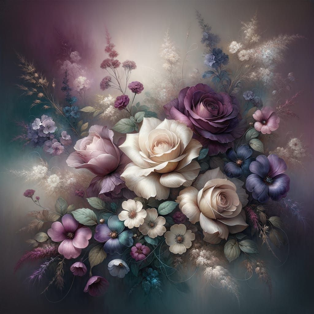 Ethereal Floral Painting of Purple and Ivory Roses