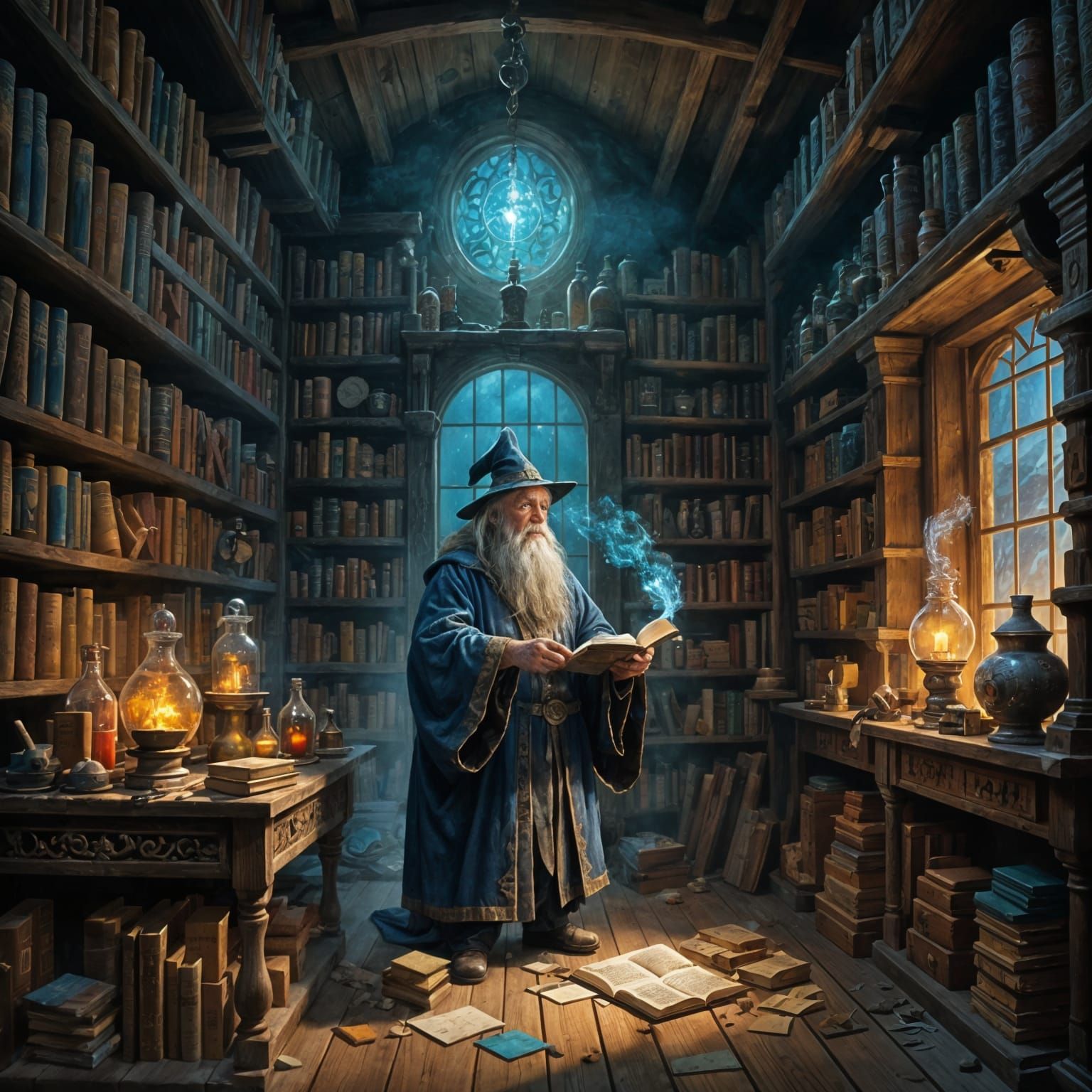 Wise Old Wizard in Laboratory Fantasy Oil Painting