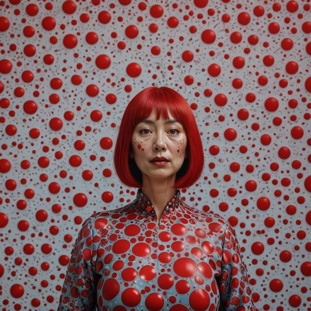 Yayoi Kusama, female neckline, middle aged chubby asian woman. Dyed red hair, avant-garde, experimental evocative, flowi...
