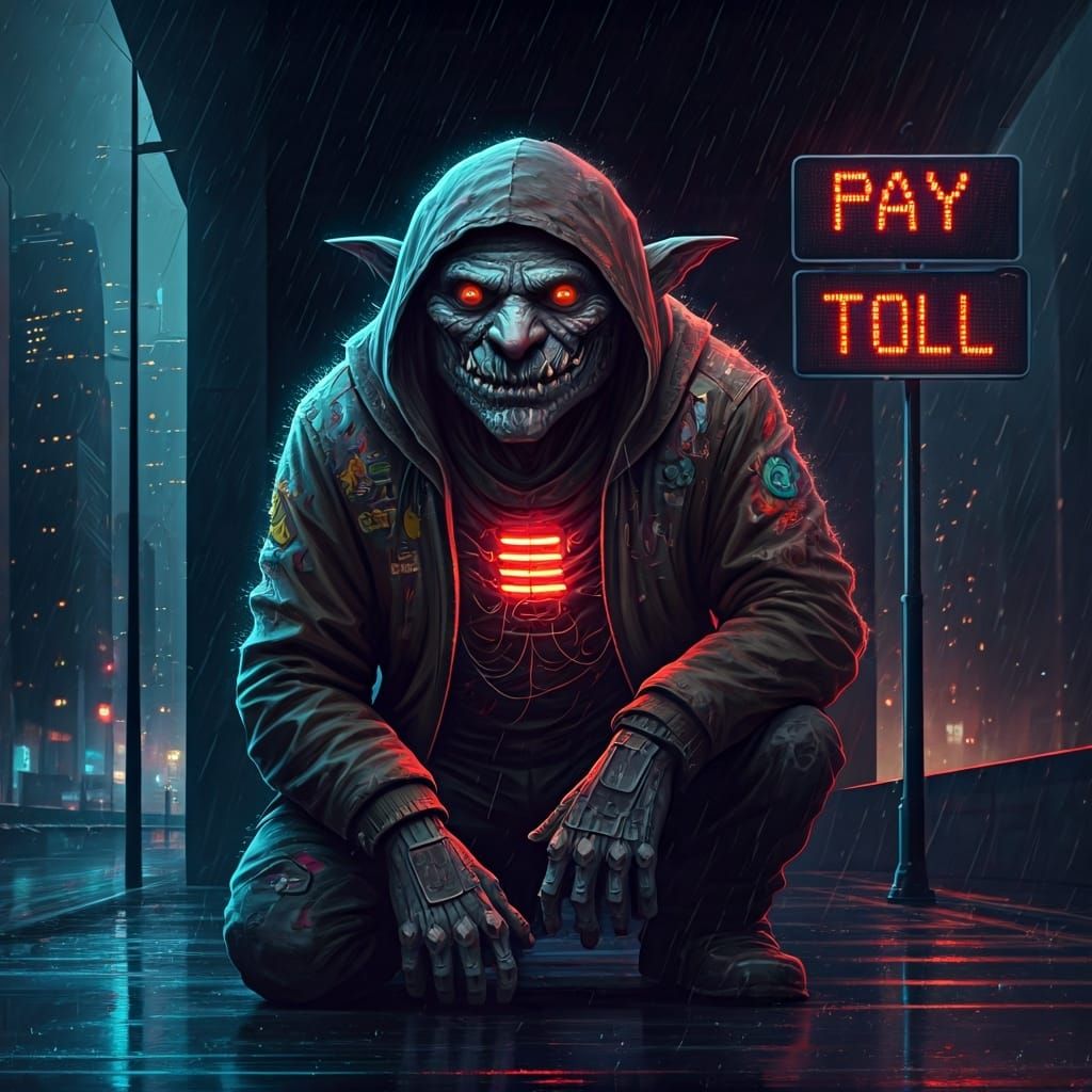 Cyberpunk Troll Hacking Street Signs Under Overpass