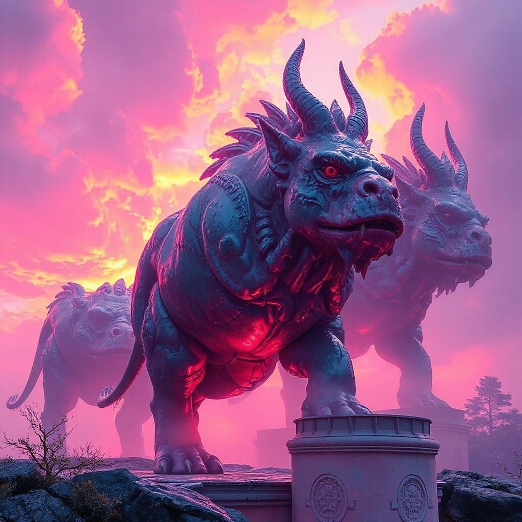 Dreamlike Landscape with Vibrant Hues and Majestic Figures