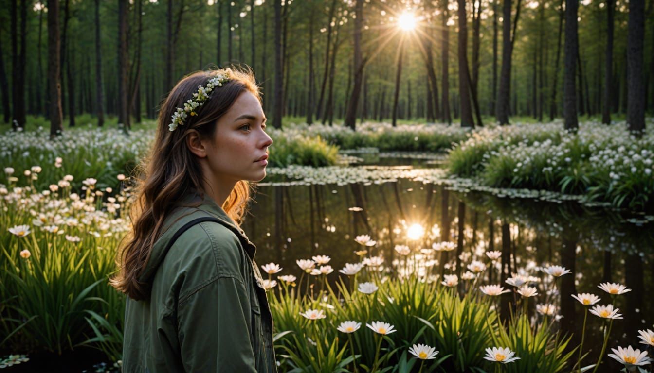 Girl Walking in Forest Pond at Sunset