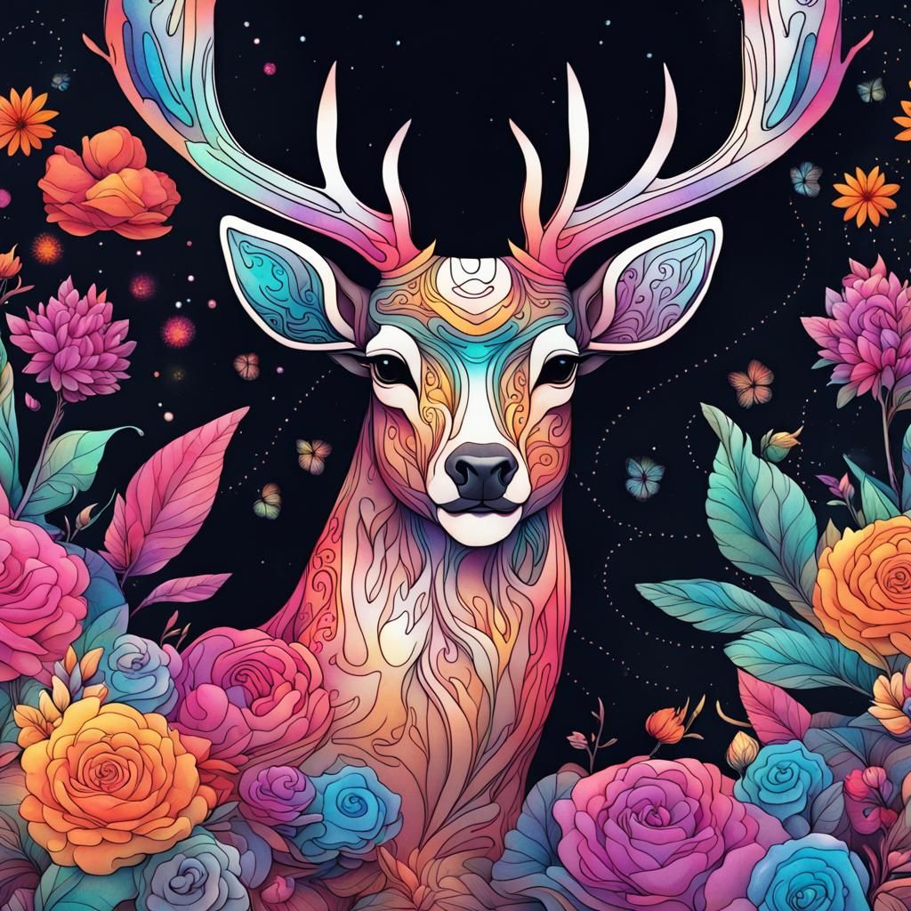Fantasy Line Art Deer with Colorful Flowers