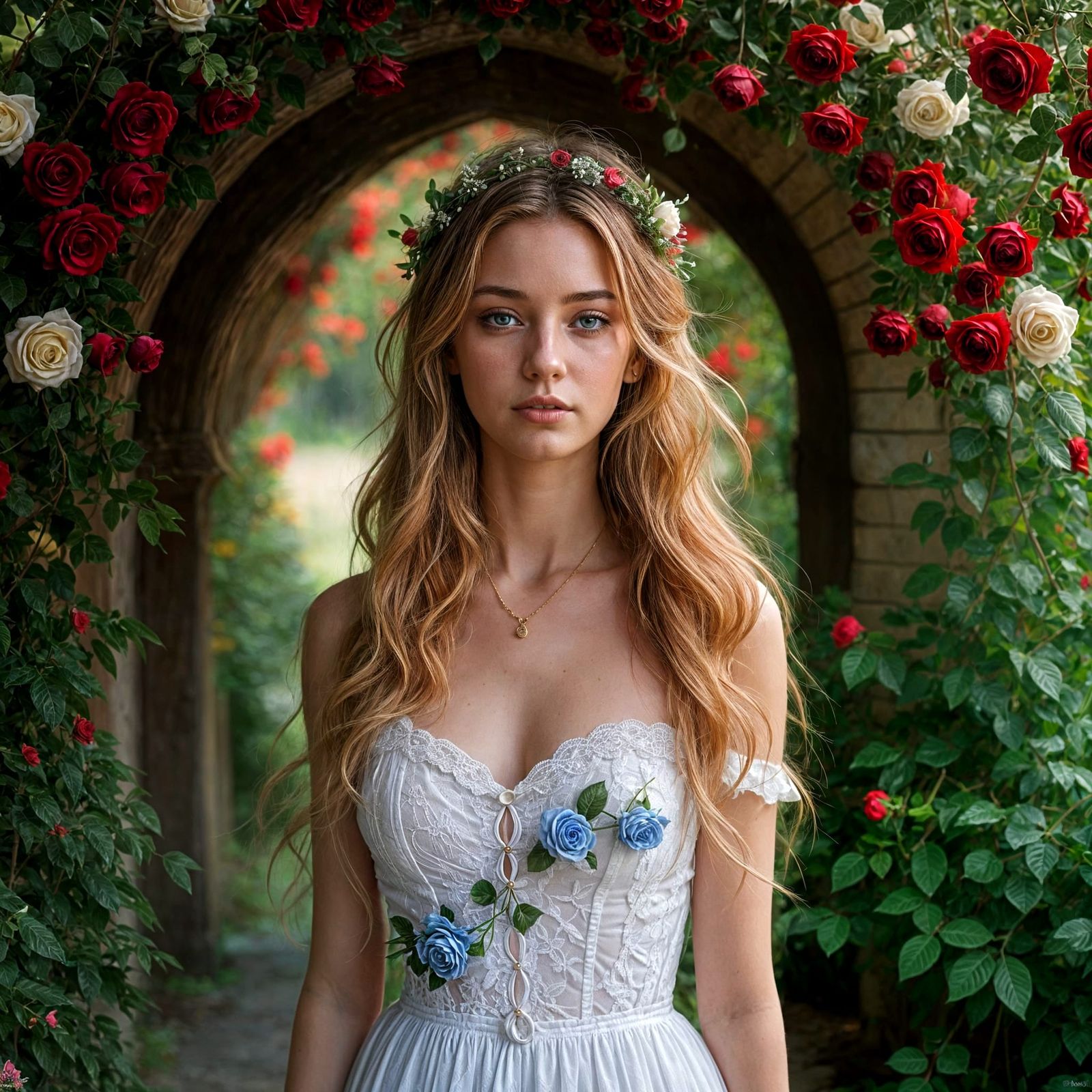 Golden-Haired Woman in Rose Garden, Cinematic Photo