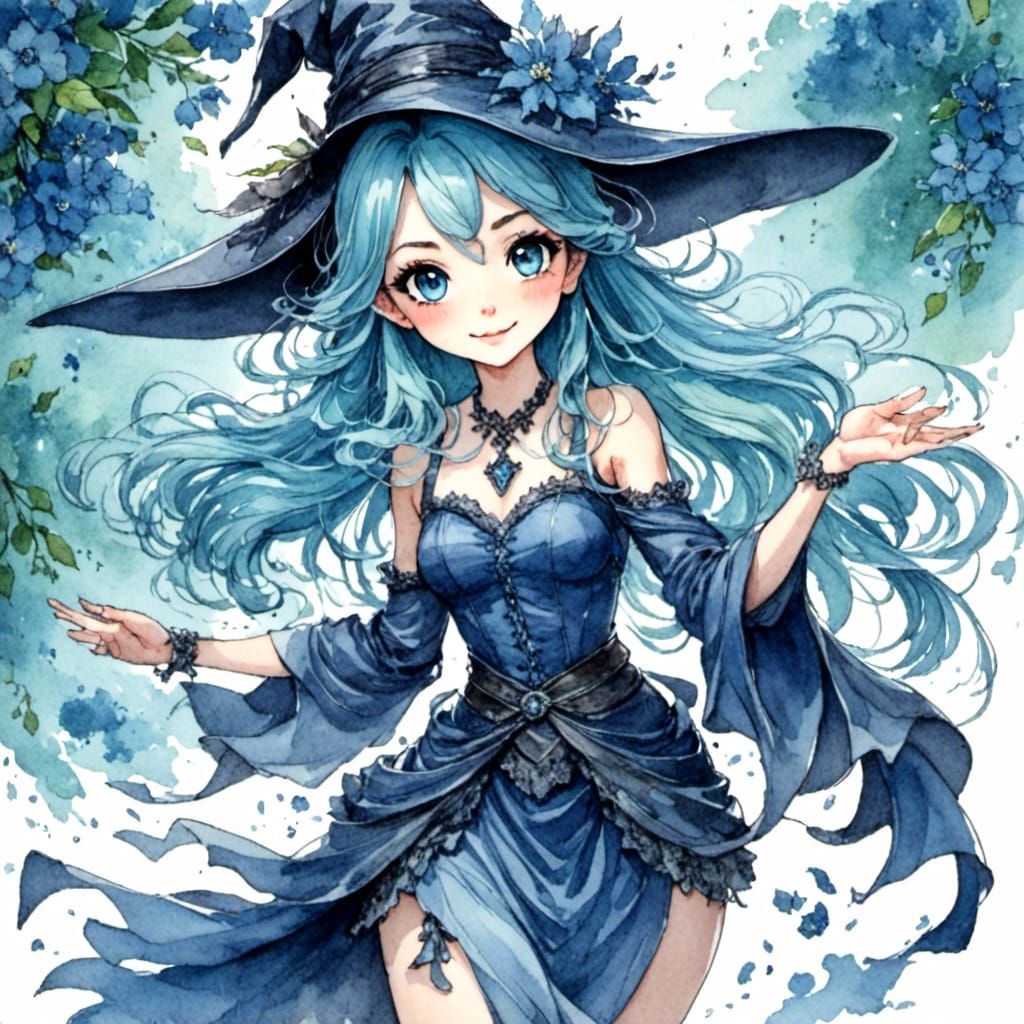 Cute Blue Witch Clip Art in Fantasy Style