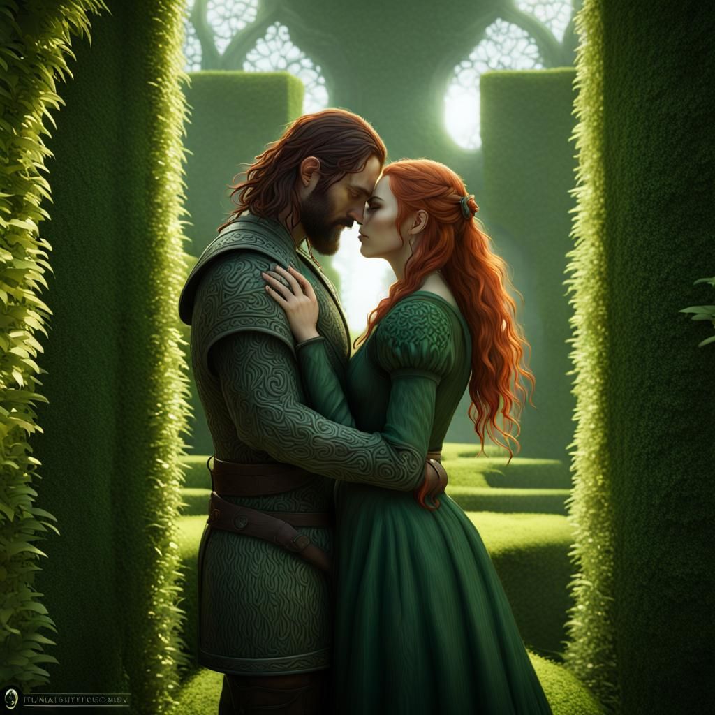 Romantic Kiss in Maze, Dark Fantasy Art