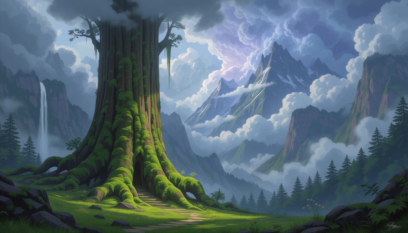 Mystical Forest Landscape with Towering Peaks