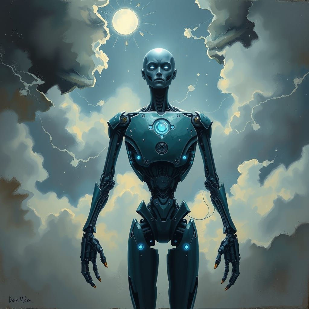 Android's Eureka Moment in Dreamlike Oil Painting