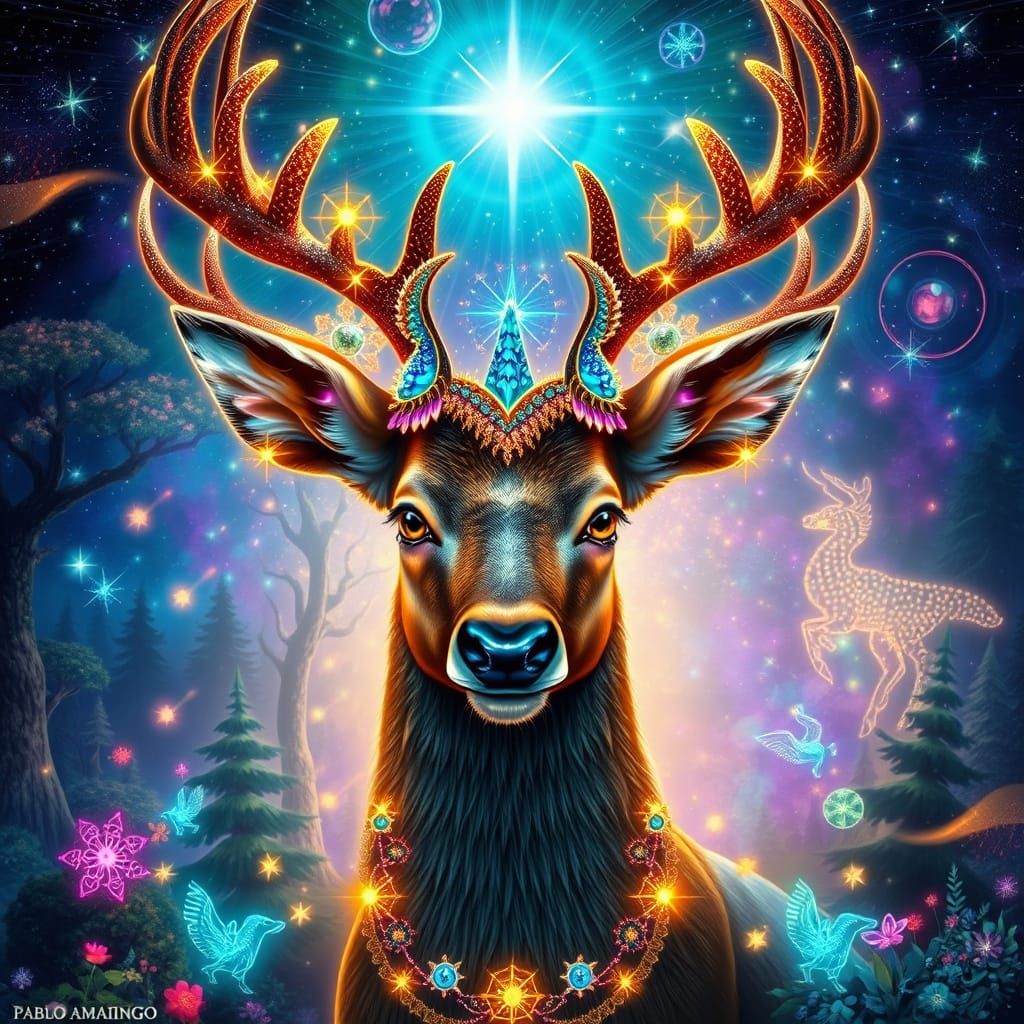 Majestic Deer in Enchanted Forest, Gazing Directly with Myst...