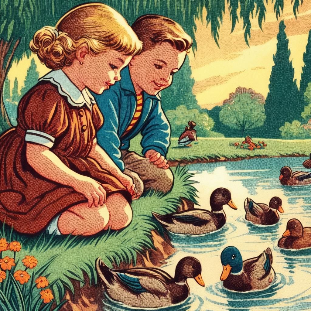 Vintage Cartoon Children Watching Ducks Illustration