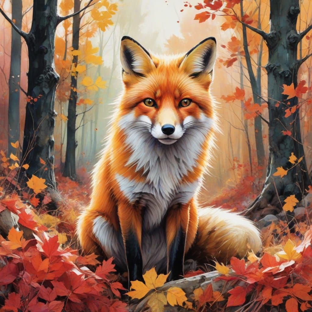Vibrant Autumn Fox in Dynamic Fusion of Artistic Styles