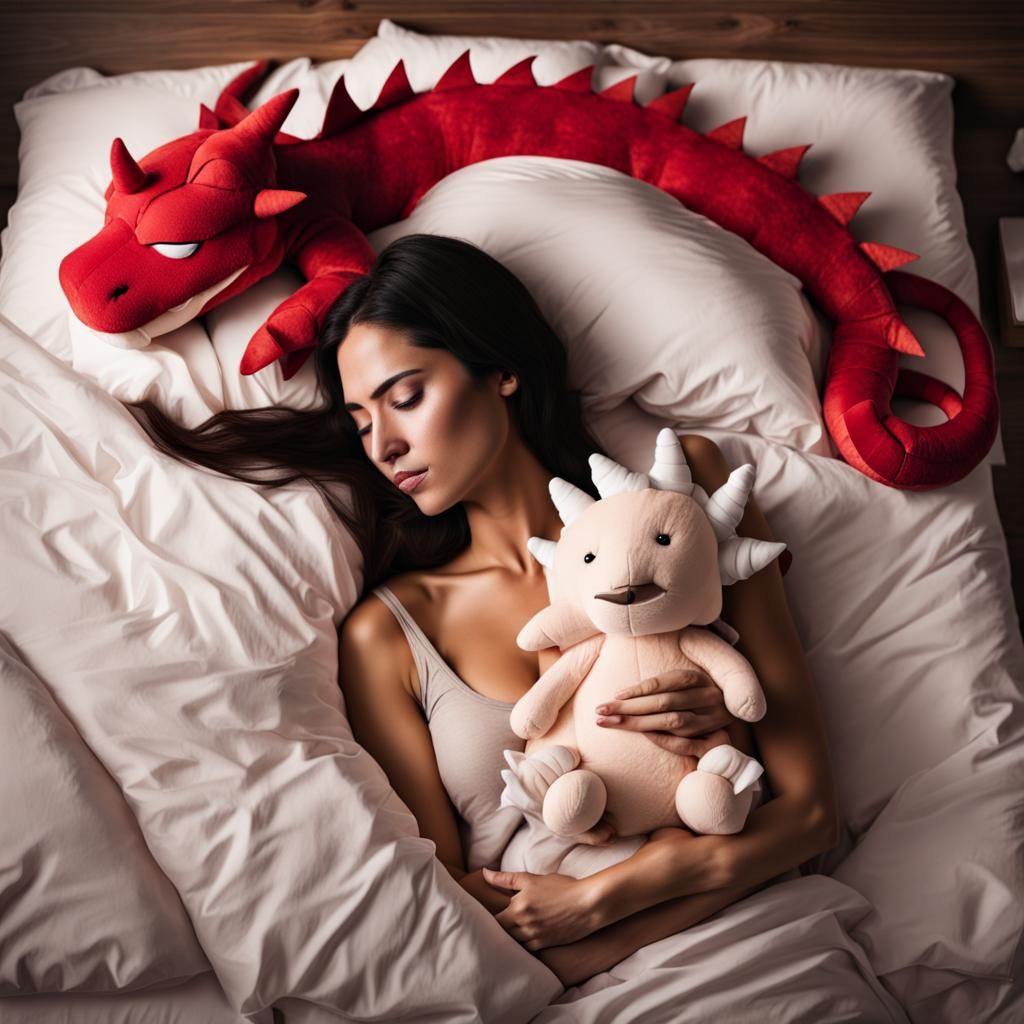 Woman Asleep with Dragon Plushie