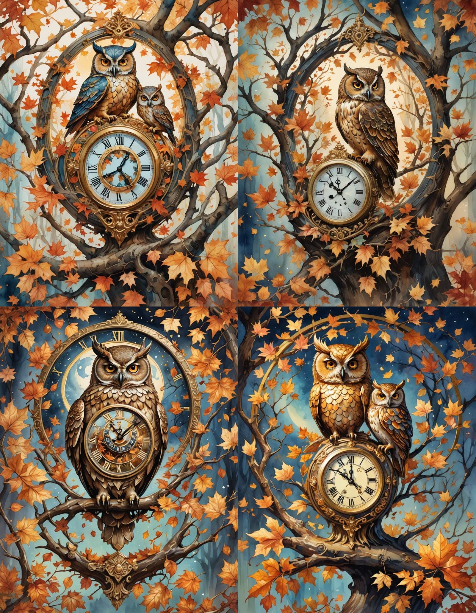 Whimsical Fantasy Clock and Owl Watercolor