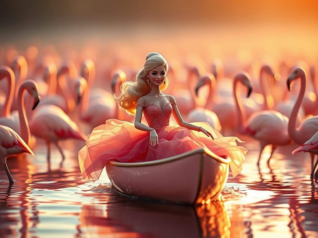 Barbie in a pink canoe surrounded by pink flamingos.