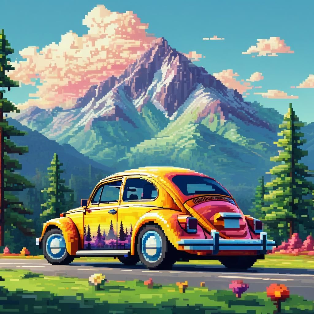 Pixel Art VW Beetle in Mountain Landscape