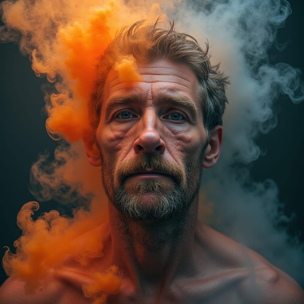 Face in Vibrant Smoke and Flames