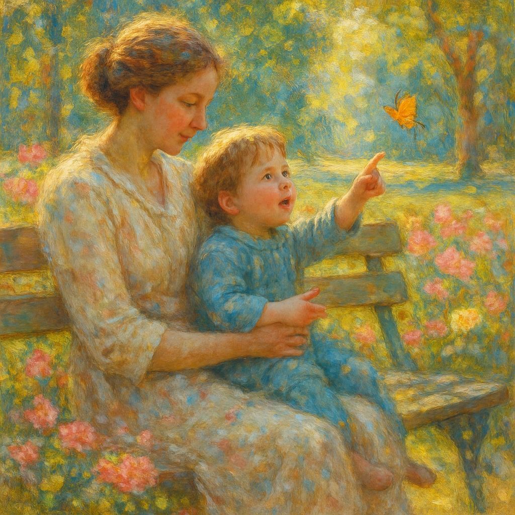 Mother and Child on Park Bench in Impressionist Style