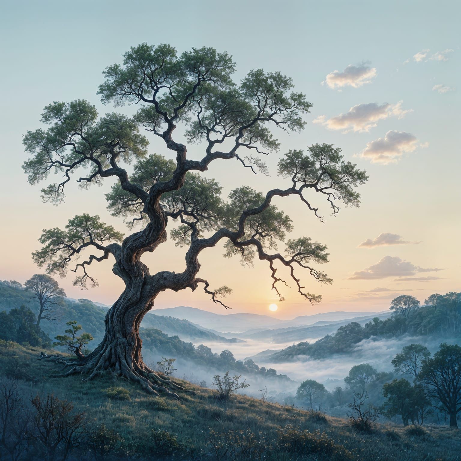 Ancient Oak Tree in Misty Valley at Twilight