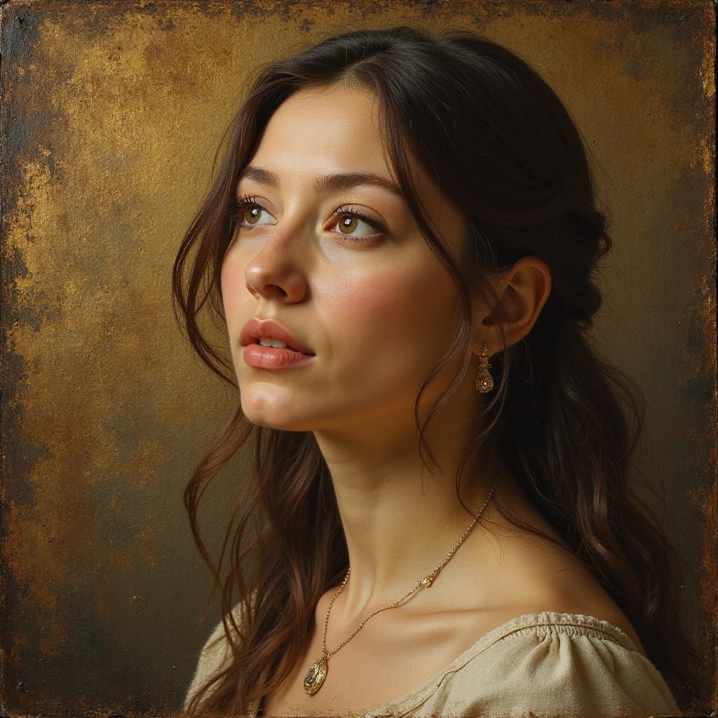 Woman's Portrait in Warm Golden Light, Renaissance Oil Paint...