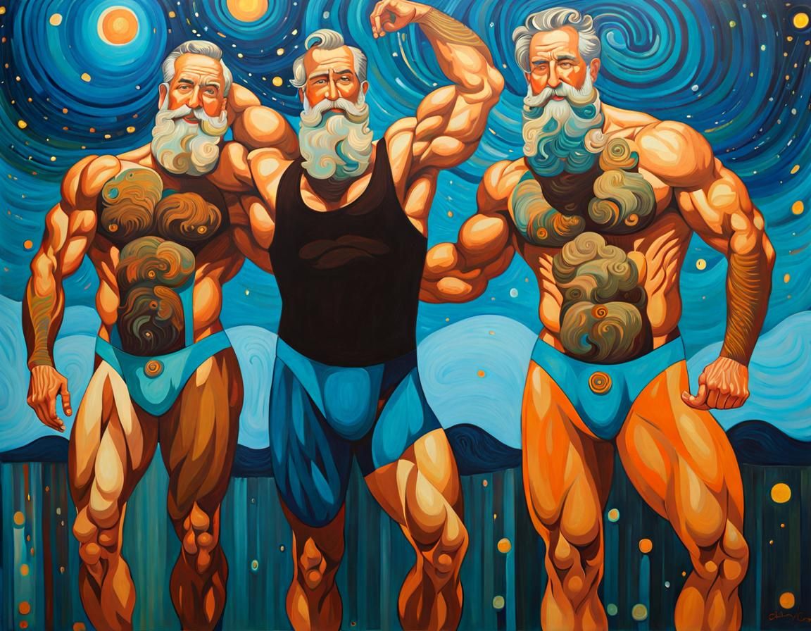 Striking Oil Painting of Three Bearded Men in Klimt Style