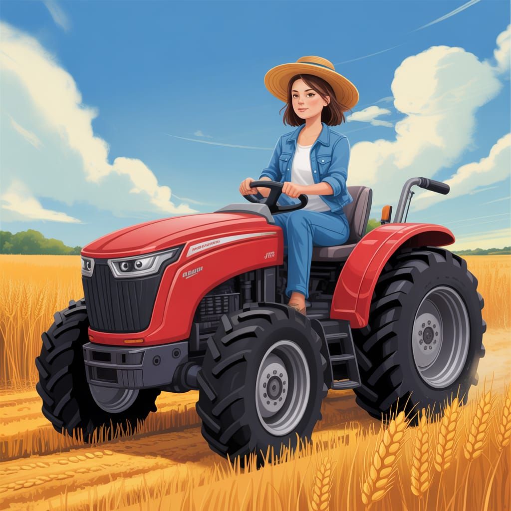 Woman Drives Tractor Through Golden Wheat Field
