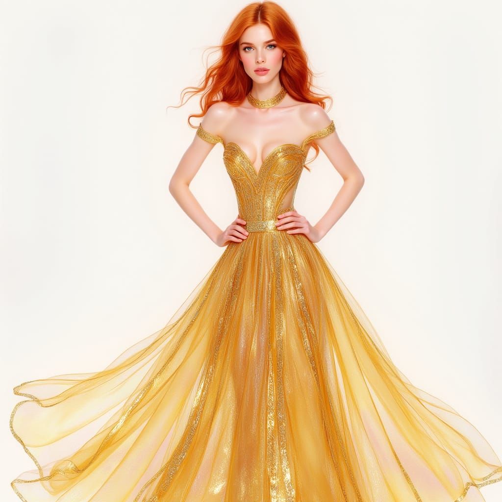 Ginger-Haired Woman in Golden Gown, Watercolor Portrait