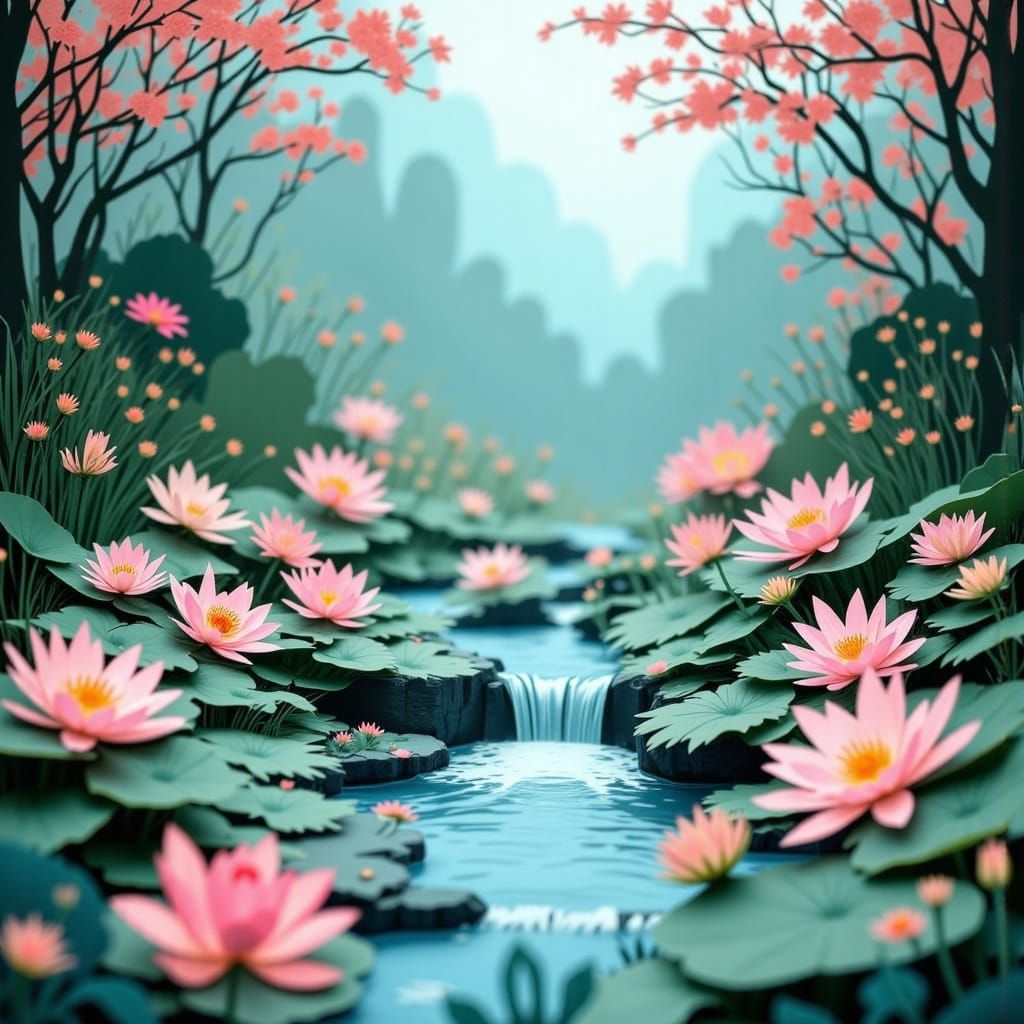 Surreal Papercut Diorama of Water Lilies in Snowy Japanese S...