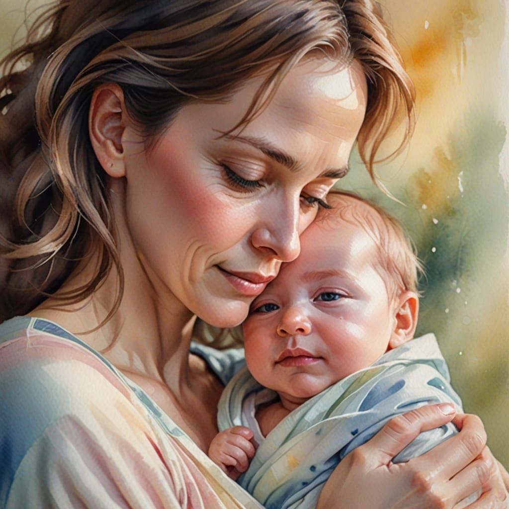 Mother's Adoring Love Captured in Watercolor
