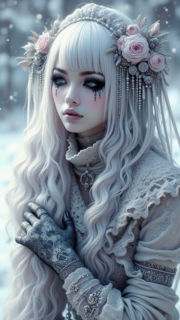 White-Haired Woman Poses in Snowy Landscape
