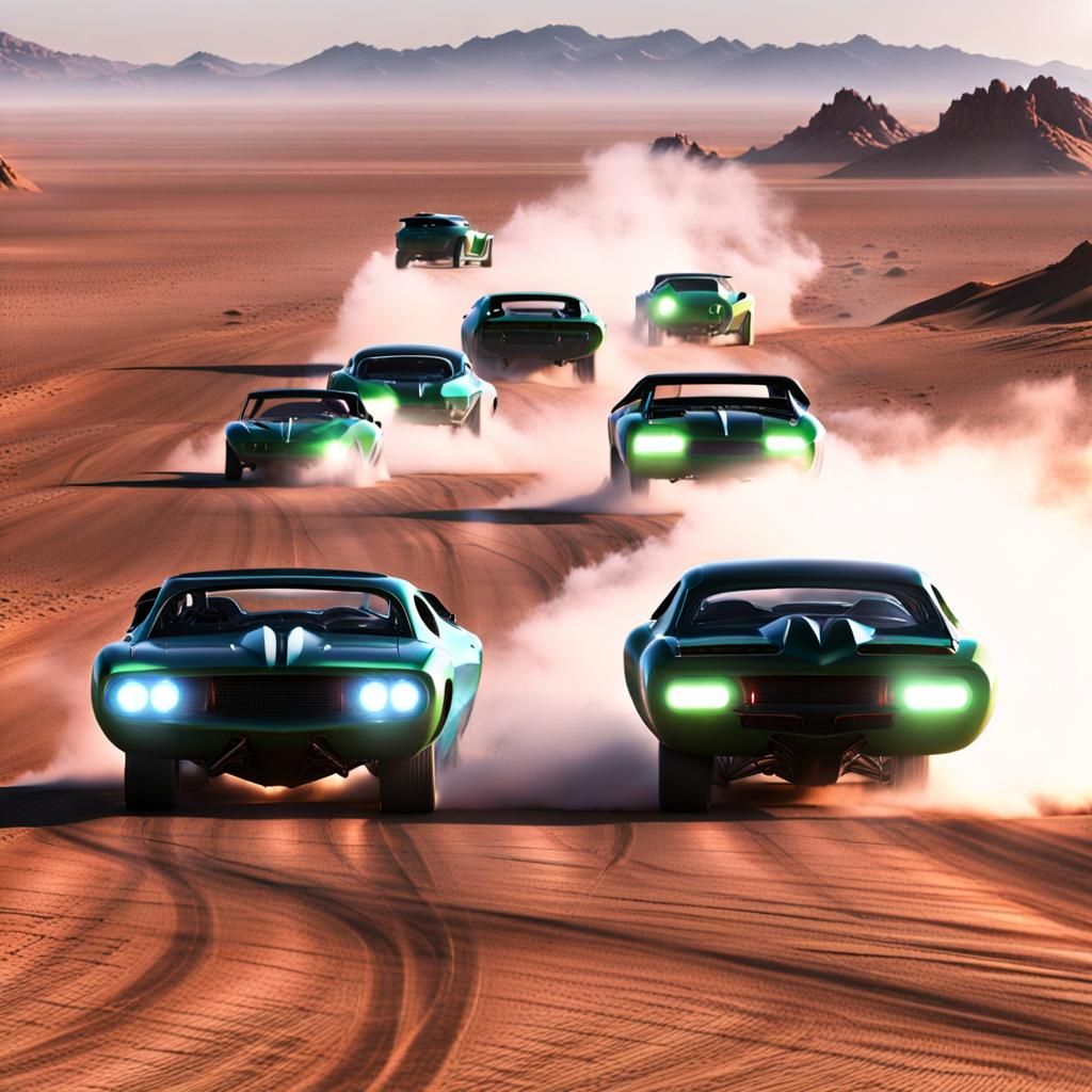 (Alien:1.5) muscle cars racing in the desert, alien world, alien cars, high definition, cgi quality, realistic