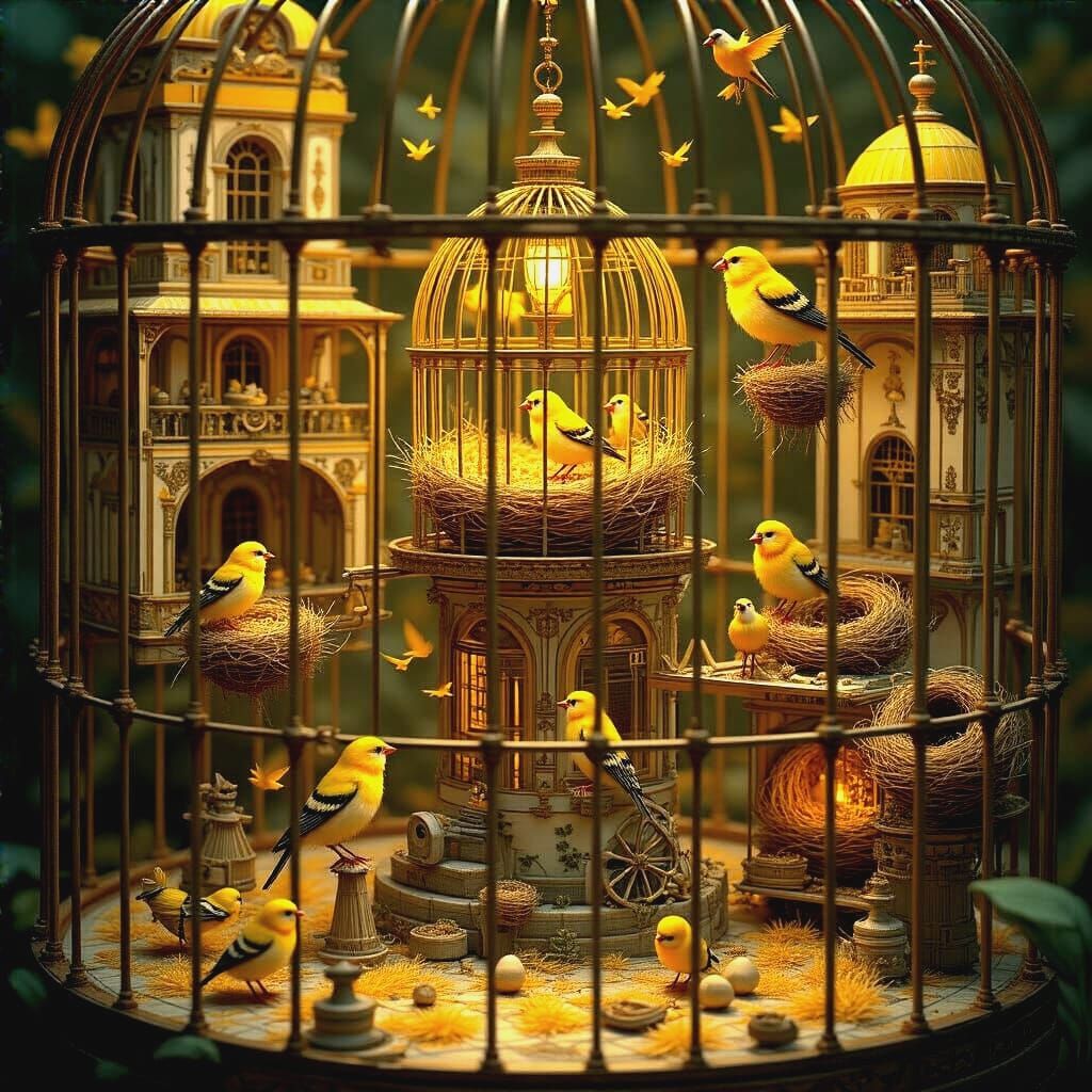 Miniature Kingdom Inside Birdcage in Art Deco Style