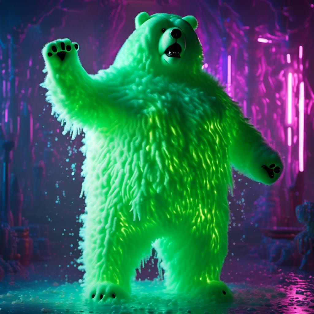 Bioluminescent Green Furry Bear in Slime Spring