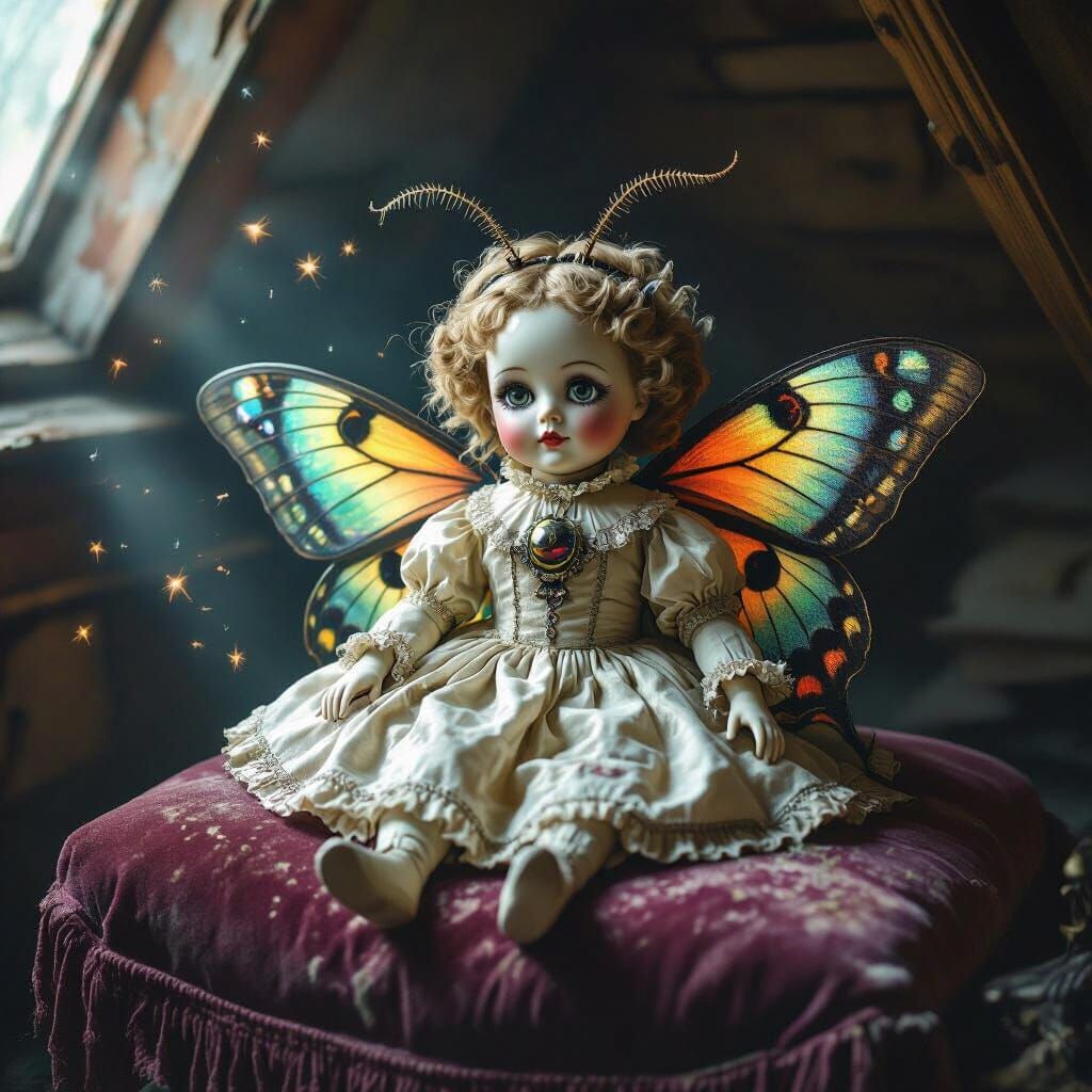 Creepy Doll with Giant Moth Body in Dark Fantasy Style