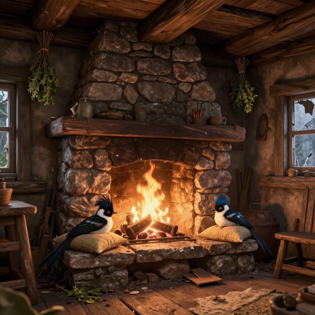 Fantasy Cabin Interior with Fireplace and Bird