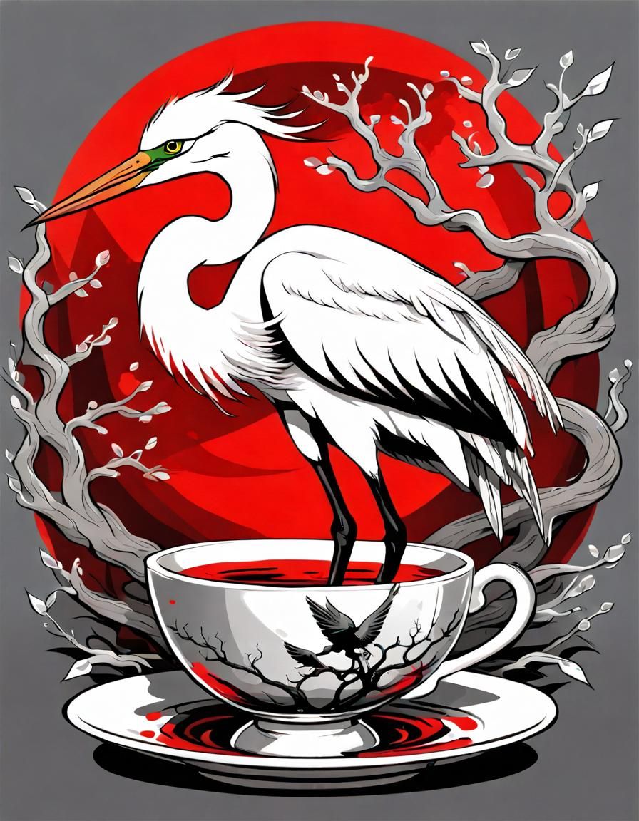 Egret in Teacup with Red Color Splash