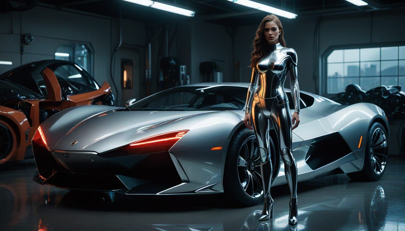 Chrome Superheroine Poses with Futuristic Car