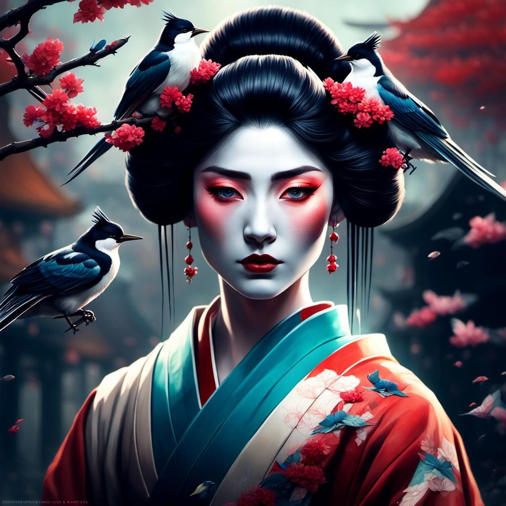 Ethereal Geisha Portrait with Birds, Art Nouveau Style