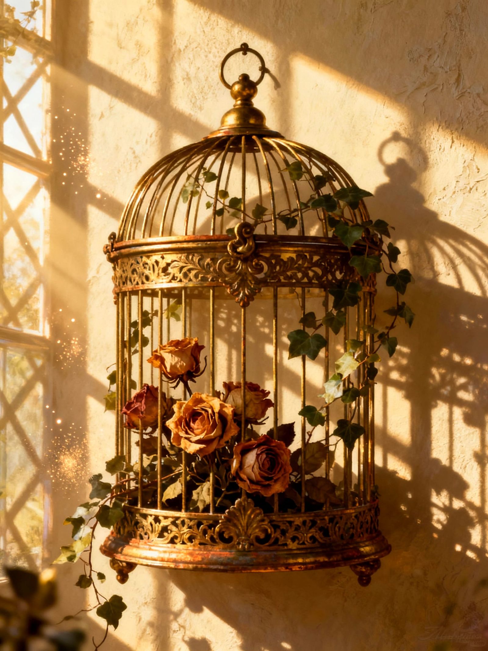 Ornate Victorian Birdcage with Dried Roses and Ivy