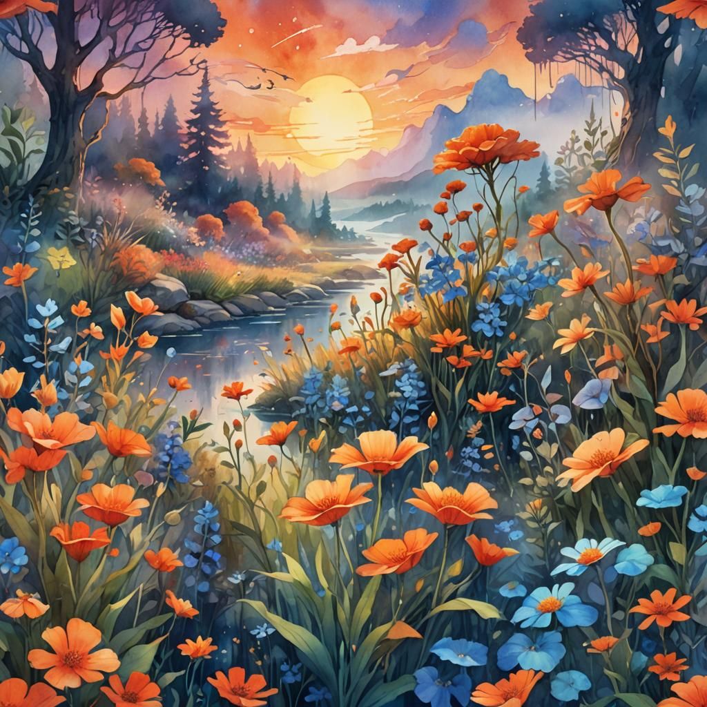 Dreamy Watercolor Summerscape with Volumetric Lighting