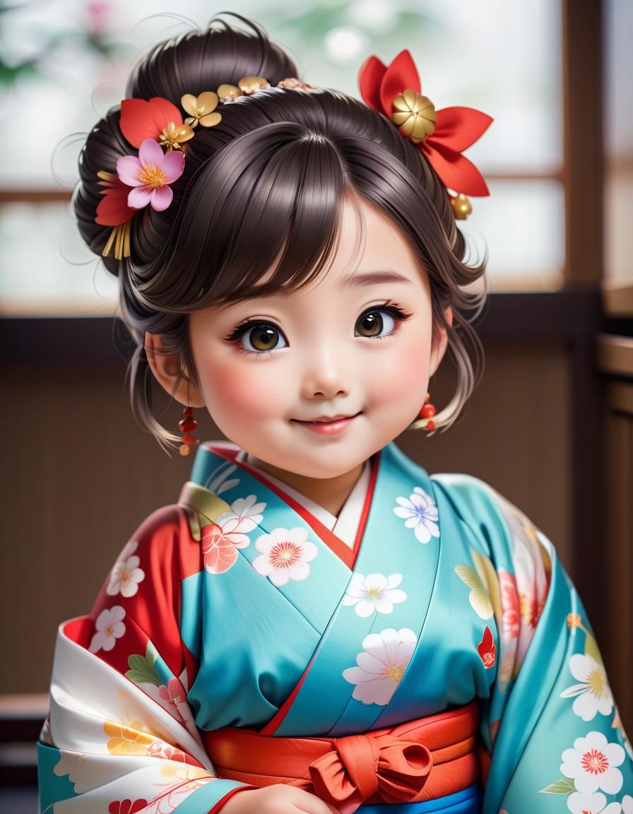 Adorable Toddler in Kimono: Cel-Shaded Anime Art