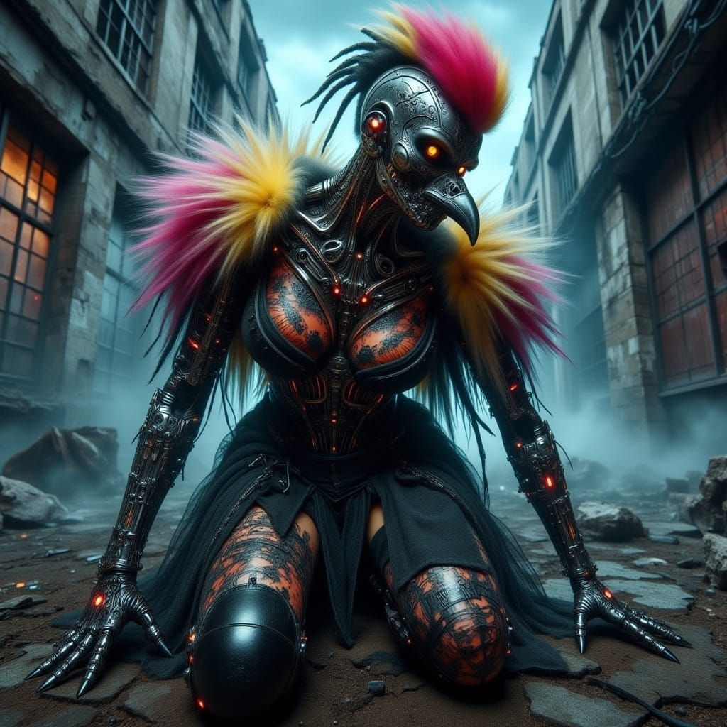 Colorful Cyberpunk Vulture on a Grave