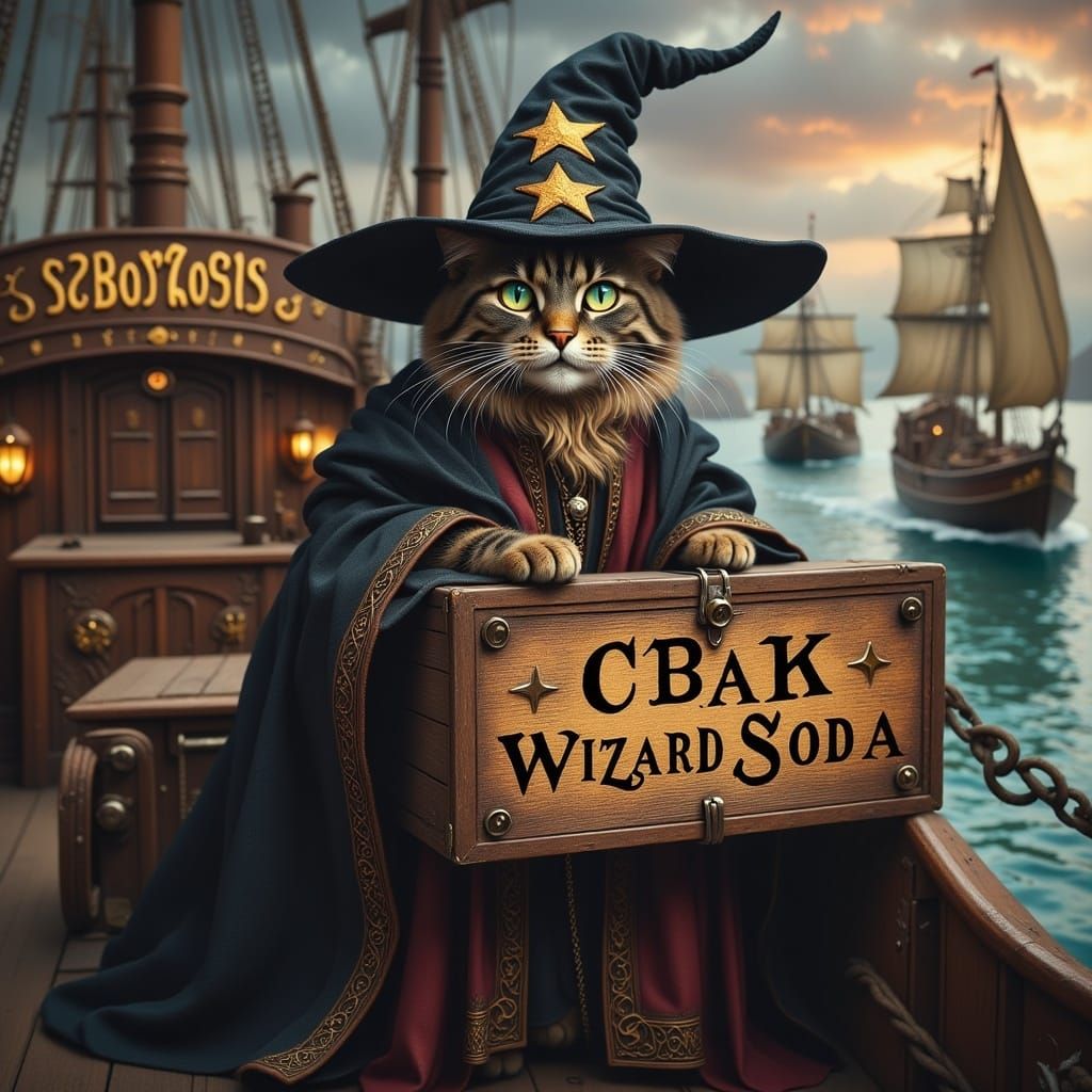 Magical Wizard Cat Guarding Soda on Ship