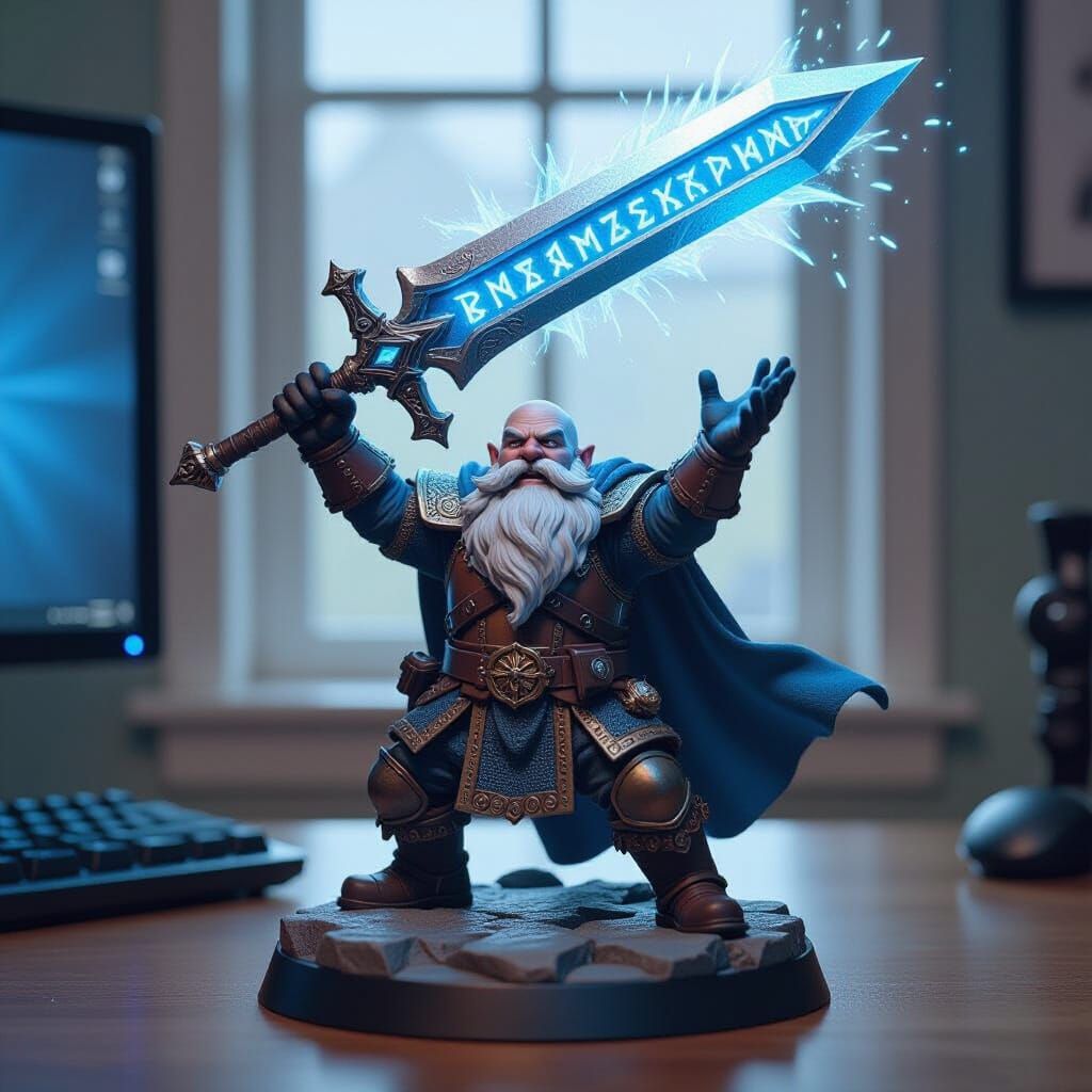 Dwarf Warrior Raises Glowing Magical Sword: RPG Figurine
