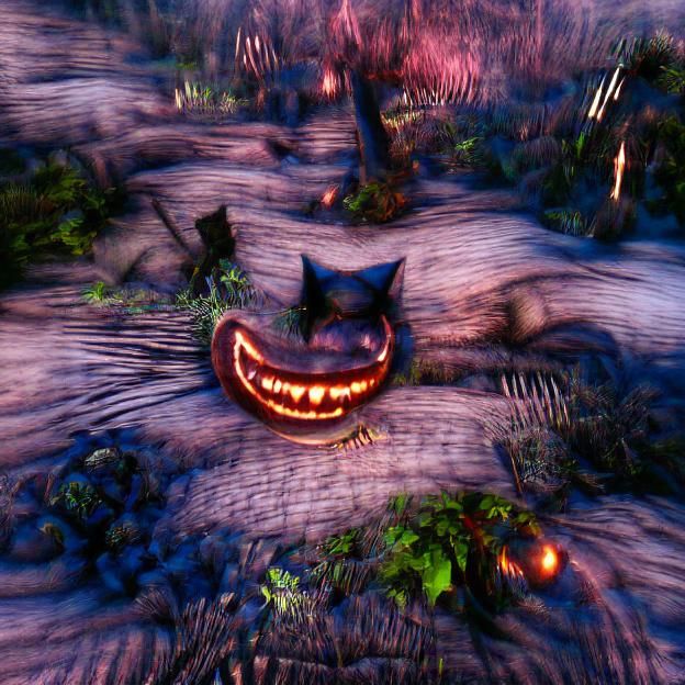 Creepy Cheshire Cat in Spooky Halloween Forest